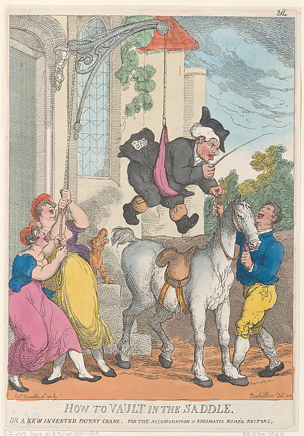 Thomas Rowlandson, How to Vault in the Saddle or a New Invented Patent Crane for the Accomodation or Rheumatic Rump'd Rectors