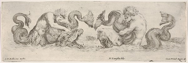 Stefano della Bella, Two Tritons wrestling with other Sea Creatures, plate 13 from "Decorative friezes and foliage" (Ornamenti di fregi e fogliami)