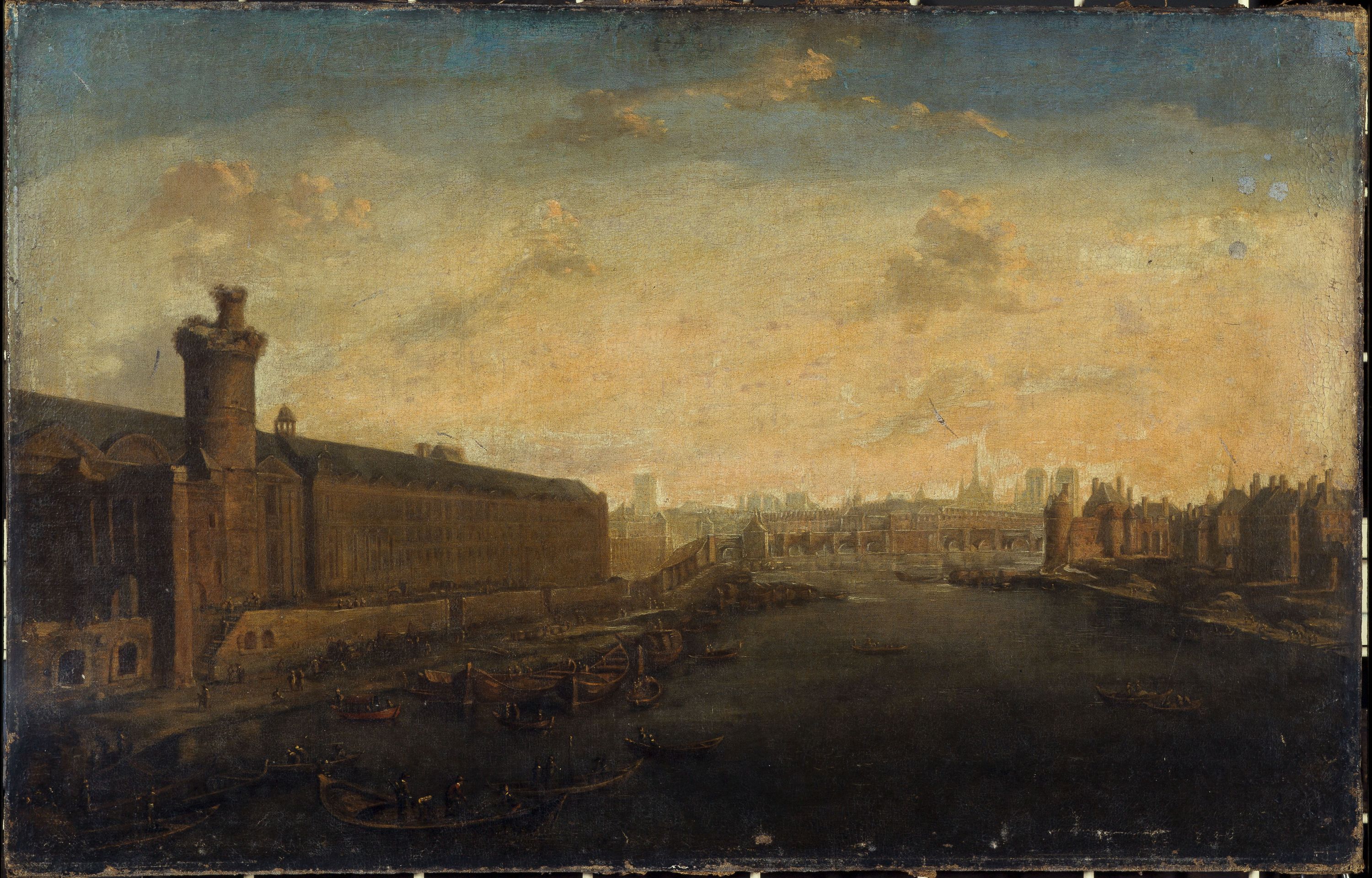 Anonyme, La Grande Galerie du Louvre, avec la porte Neuve, le Pont-Neuf, la Cité, la tour de Nesle et le quai Malaquais, vers 1640, actuels 1er et 6ème arrondissements.