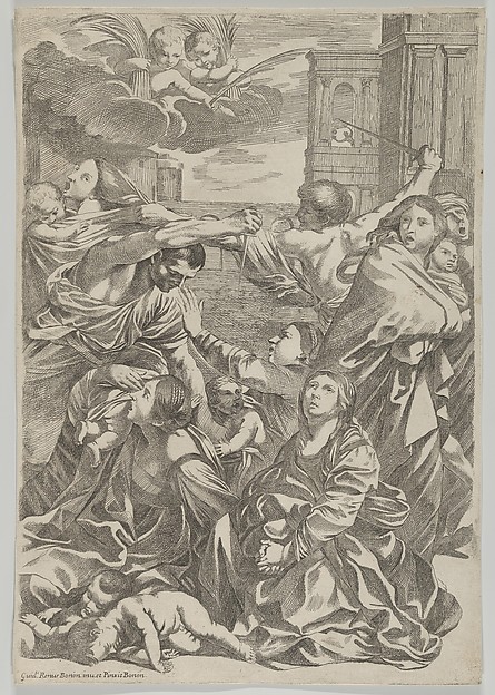 Anonymous, Massacre of the Innocents; group of women and children being attacked, two angels at upper left, after Reni
