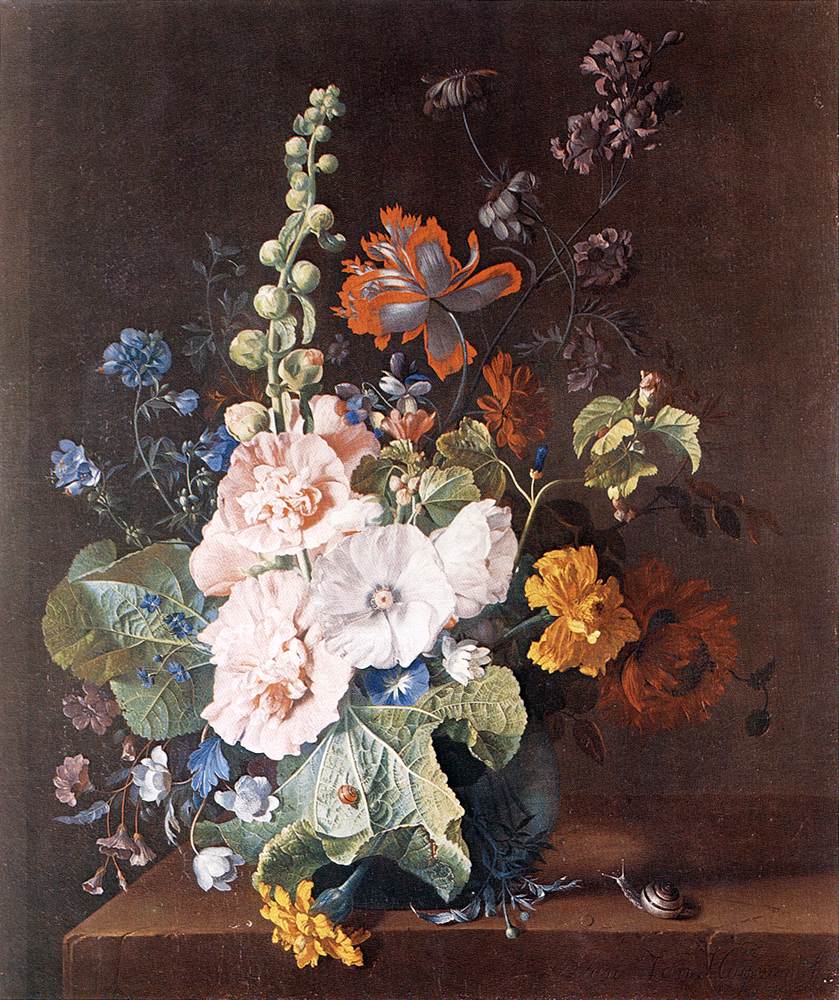 Jan van Huysum, Hollyhocks and Other Flowers in a Vase