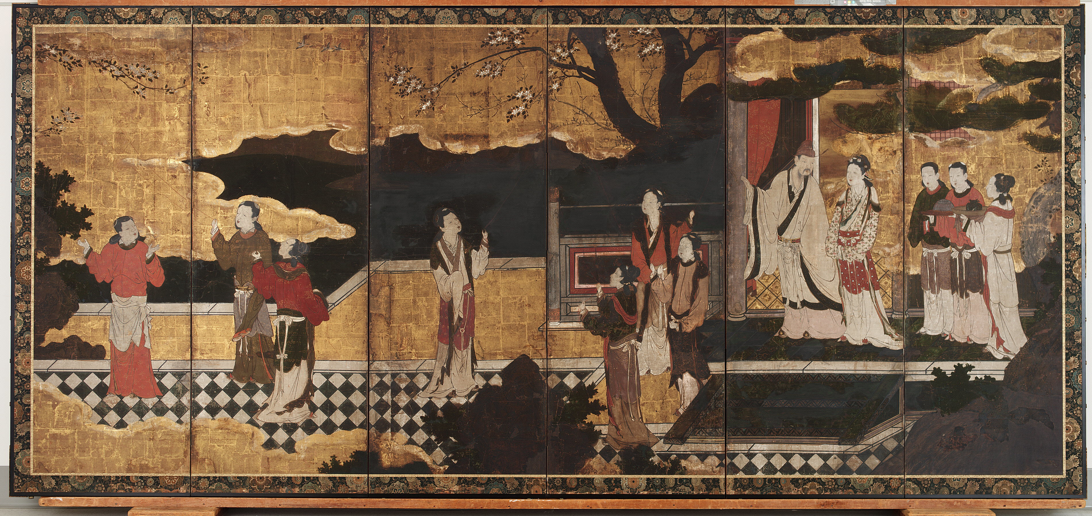 Kano Eitoku, The Chinese Emperor Minghuang and his concubine Yang Guifei, with attendants on a terrace