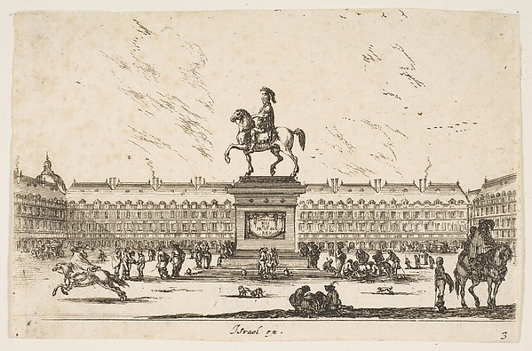 Stefano della Bella, La Place Royale, equestrian statue of Louis XIII in profile facing the left in center, various horsemen and figures in background, plate 3 from "Various Figures" (Agréable diversité de figures)