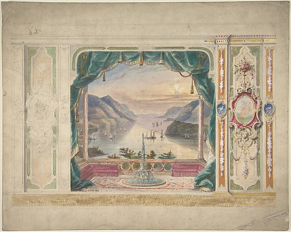 Anonymous, British, 19th century, Wall Design with a Trompe l'Oeil Balcony Overlooking a Mountainous Harbor