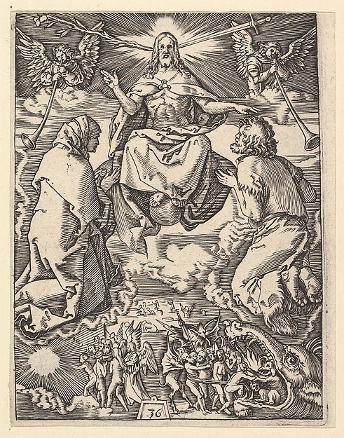 Marcantonio Raimondi, The Last Judgment; Christ with lily and sword at top, flanked by Virgin and St John the Baptist interceeding on behalf of the humans below, from "The Passion of Christ", after Dürer