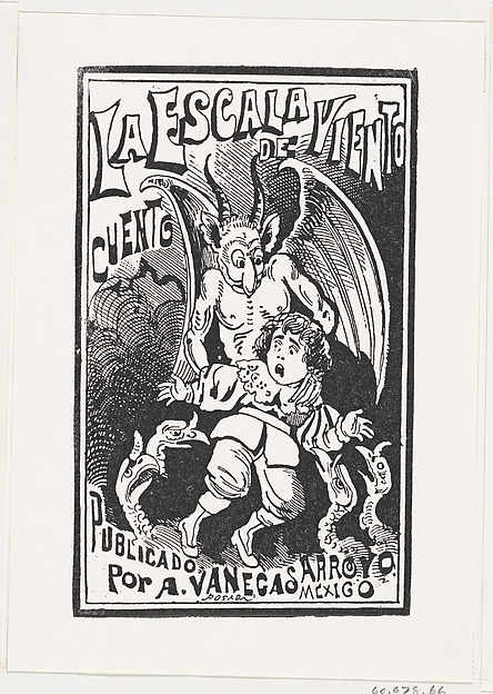 José Guadalupe Posada, A demon holding a young boy by his shoulders over a group of vultures, illustration for 'La Escala de Viento'