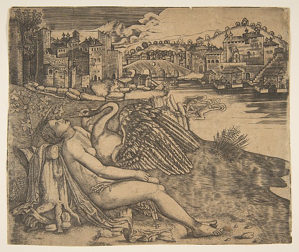 Anonymous, Italian, 16th century, Naked woman (Leda) and swan (Zeus) embrace on a river bank; two figures jump into the water at middle ground; a town and bridge in the background.