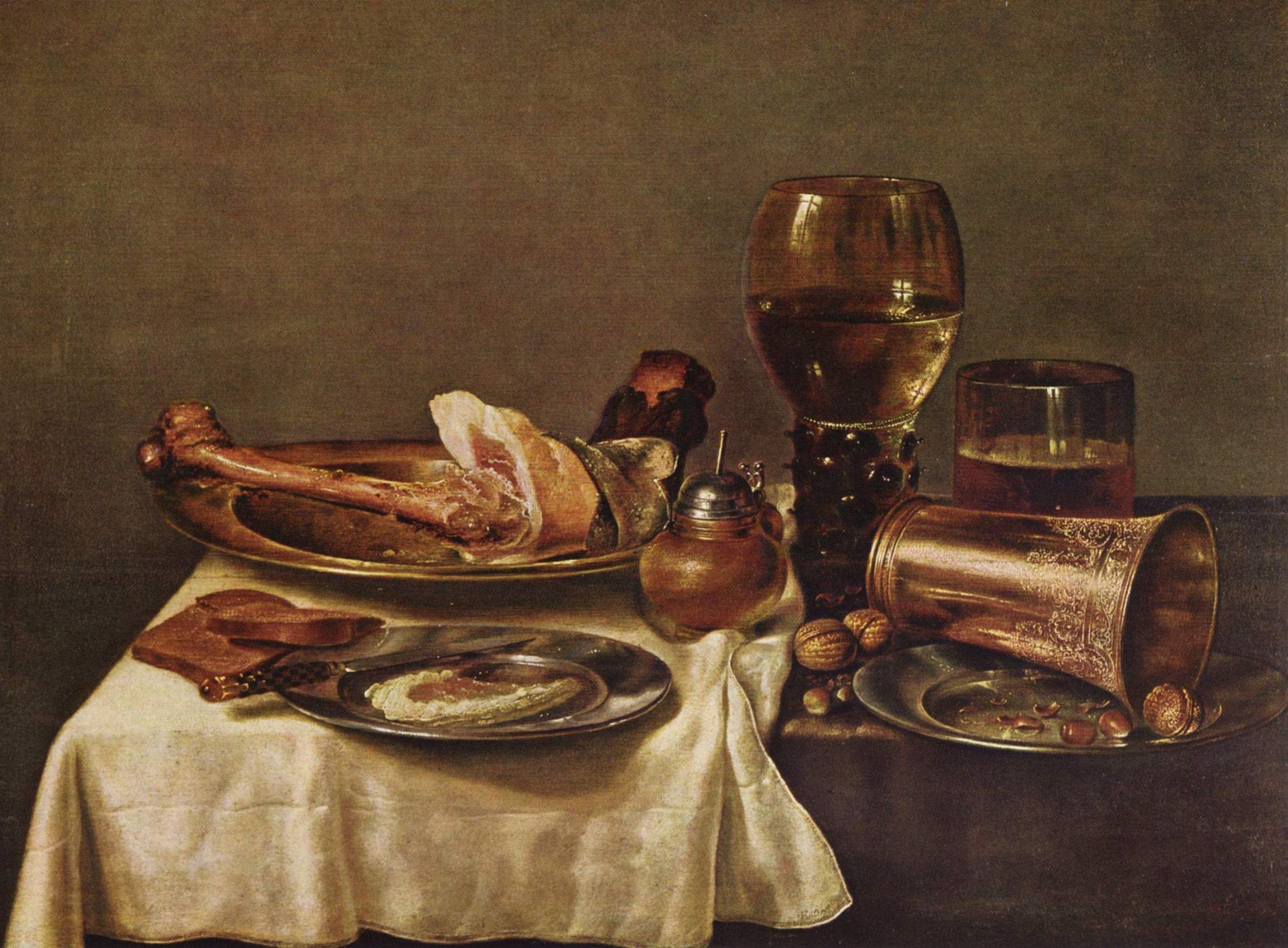 Willem Claesz. Heda, Still life with ham, roemer, and beer glass