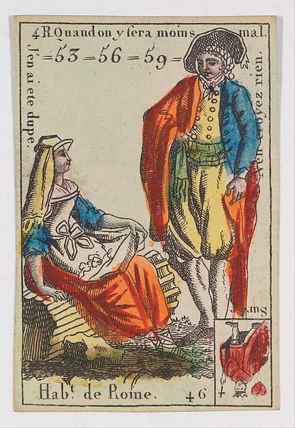 Anonymous, French, 18th century, Hab.t de Rome, from the playing cards (for quartets) "Costumes des Peuples Étrangers"