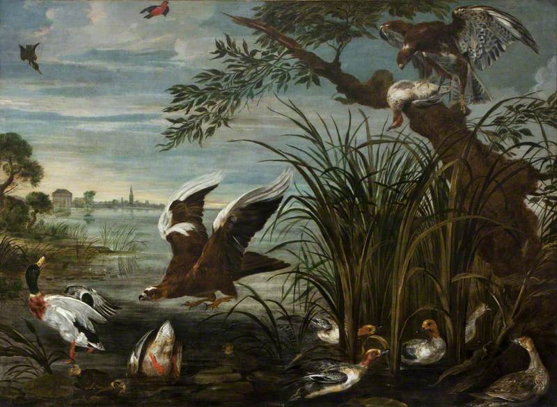 David de Coninck, River Scene with Ducks and Geese Being Attacked by Hawks