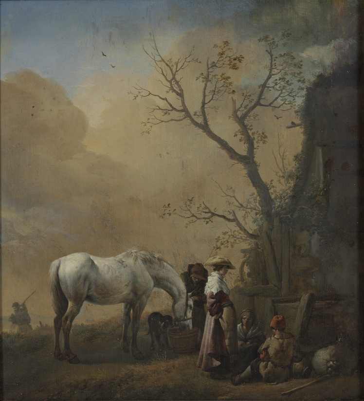 Philips Wouwerman, horse + people in front of a house
