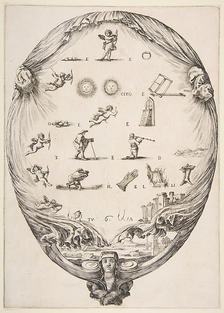 Stefano della Bella, Rébus on the subject of love, a riddle depicted on drapery, below a landscape with a pyramid and two obelisks, a bust of a sphinx at bottom, an oval composition