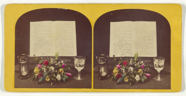 Unknown, [Still life of flower arrangement, hourglass, goblet and Bible opened to Psalms Xix and XX]