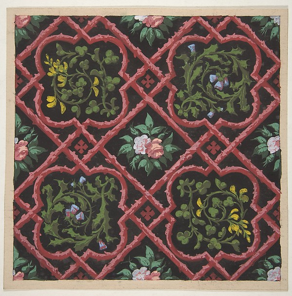 Jules-Edmond-Charles Lachaise, Design for wallpaper featuring flowers and latticework
