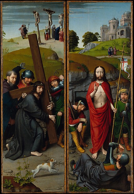 Gerard David, Christ Carrying the Cross, with the Crucifixion; The Resurrection, with the Pilgrims of Emmaus
