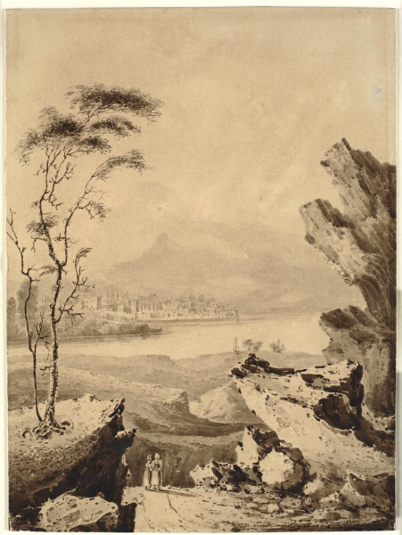 John Martin, Italieniserende sceneri. Klippelandskab med sø, i baggrunden by og bjerge