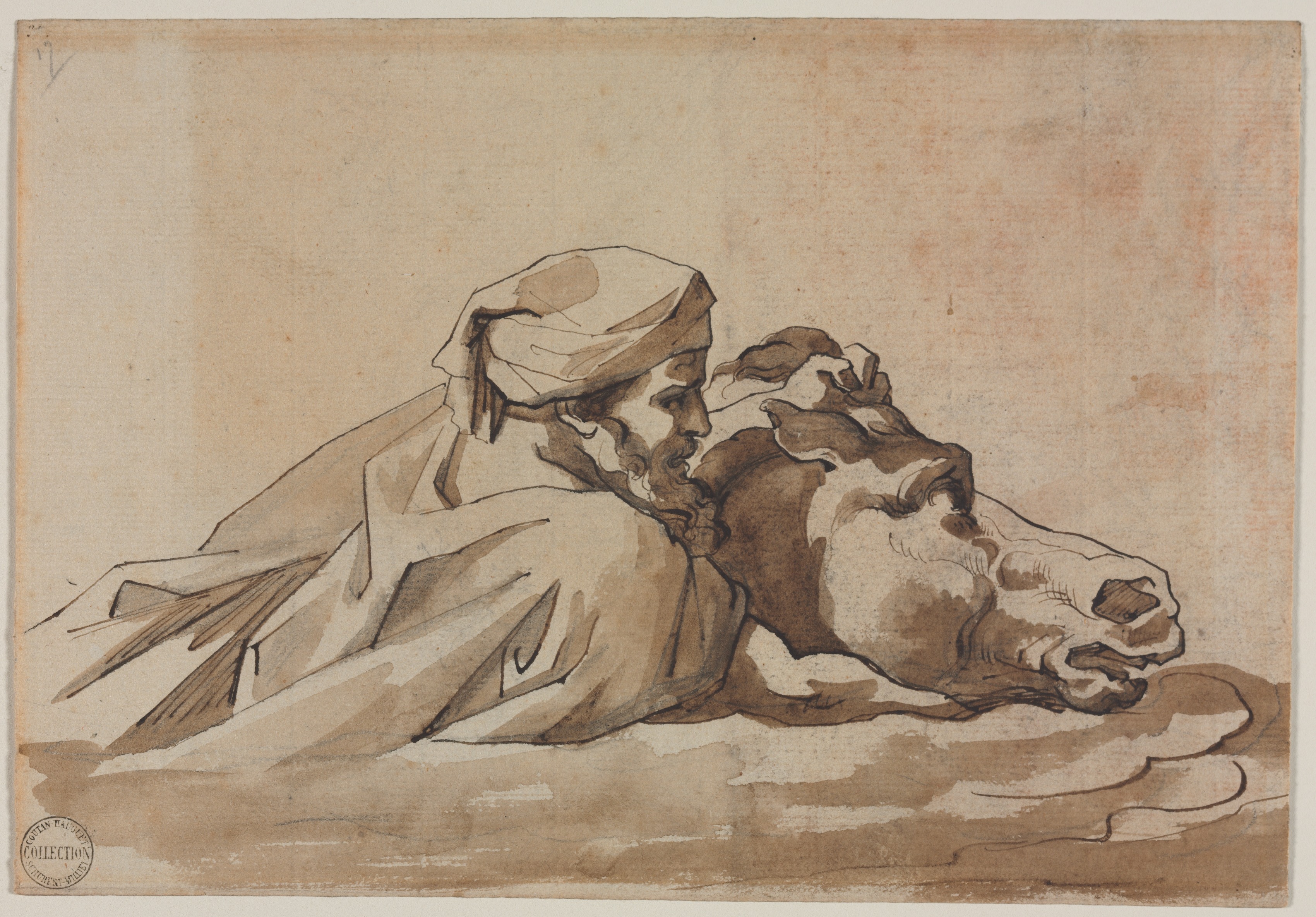 Théodore Géricault, Man Clutching a Horse in Water, after Poussin's "Deluge" (recto)