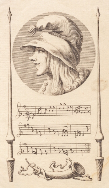 J.F. Clemens, Vignet. Hoved af en bondedreng mellem to lanser.
