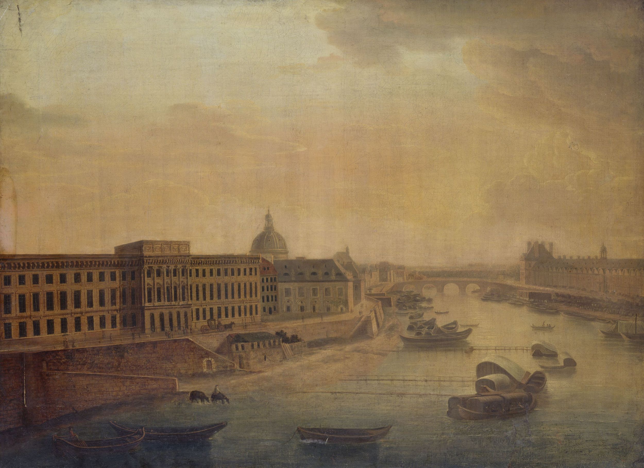Anonyme, La monnaie, le collège des Quatre-Nations, le pont Royal et le Louvre vus du Pont-Neuf, vers 1800