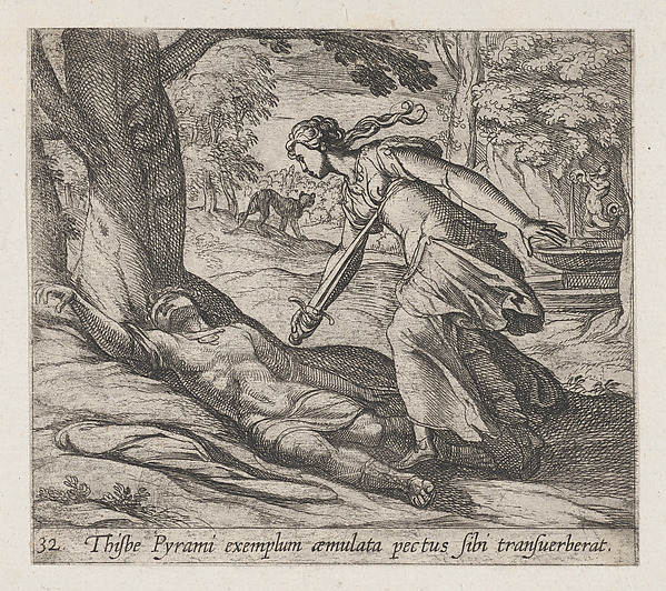 Antonio Tempesta, Plate 32: Thisbe Killing Herself (Thisbe Pyrami exemplum aemulata pectus sibi trasuerberat), from Ovid's 'Metamorphoses'
