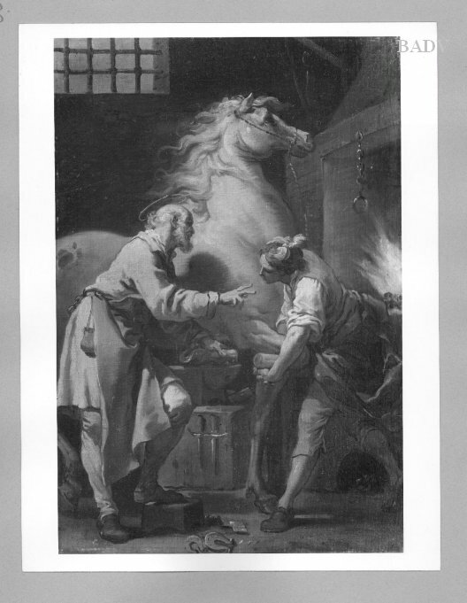 Gaetano Gandolfi, Scene of a legend of saint: Old man with ...., youth, horse, farrier (interior) (....= unleserlich)