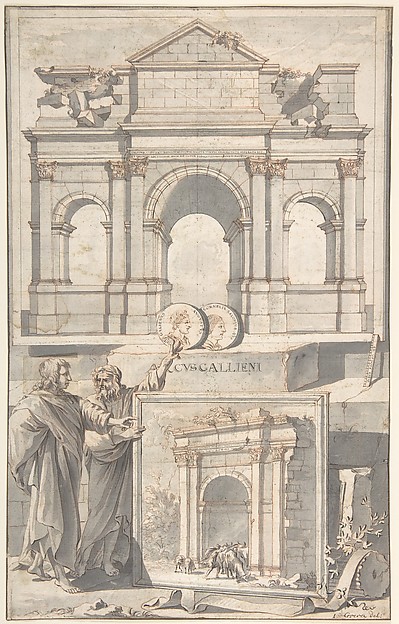 Jan Goeree, A Reconstruction of the Arch of Gallienus (above) and a View of the Ruins (below)