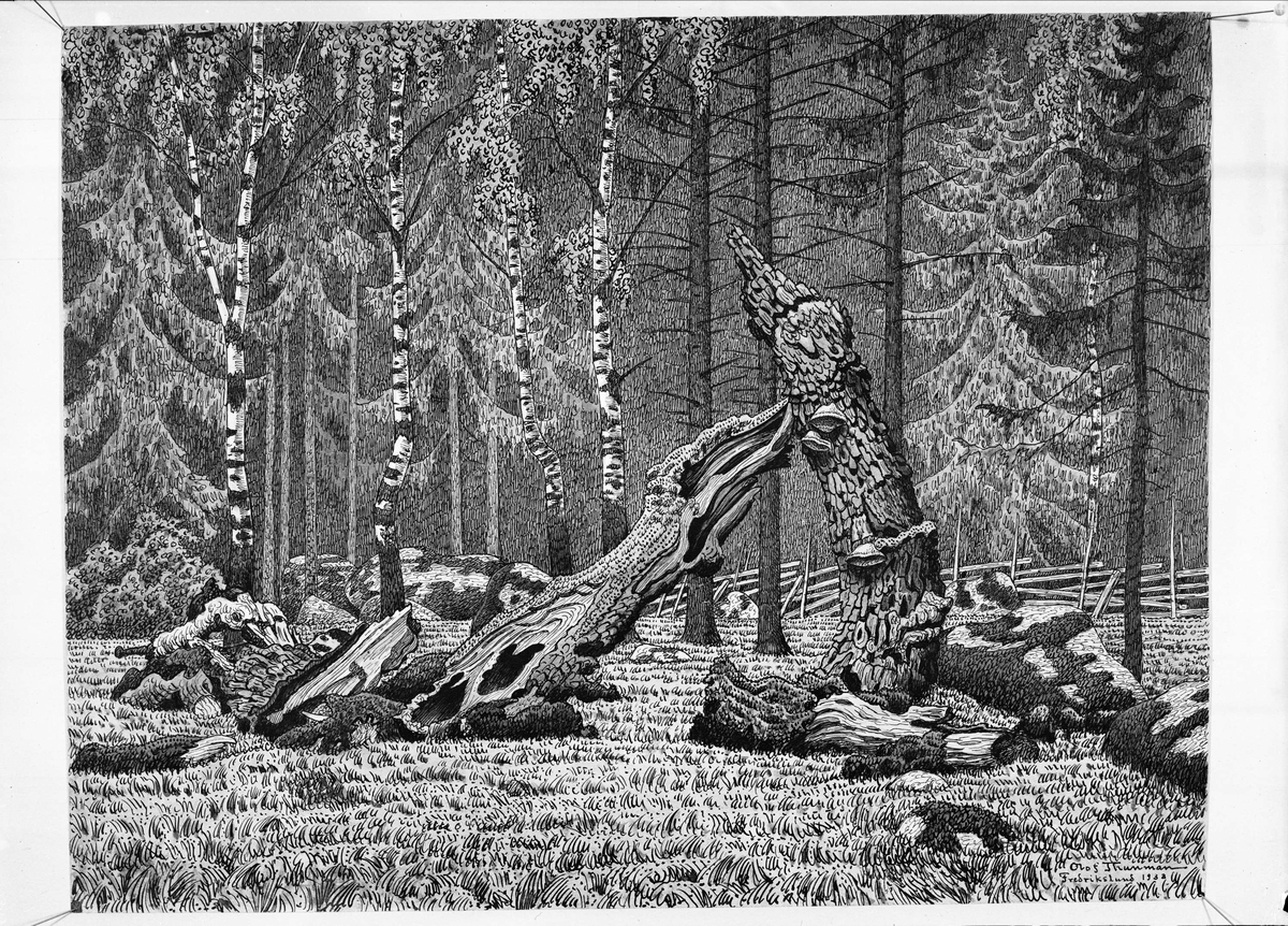 Paul Sandberg, Konstverk - grafiskt blad med motiv från Fredrikslund, Uppland, signerat 1933 av konstnären Olof Thunman