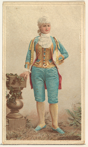 W. Duke, Sons & Co., Actress wearing ornate costume with gold bodice and blue trousers, from Stars of the Stage, Second Series (N130) issued by Duke Sons & Co. to promote Honest Long Cut Tobacco