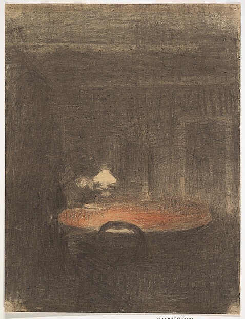Vilhelm Hammershøi, Figure Reading at a Table in an Interior at Night