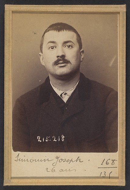 Alphonse Bertillon, Simonin. Joseph. 26 ans, né à Saint-Maurice (Seine). Gainier. Anarchiste. 6/3/94.