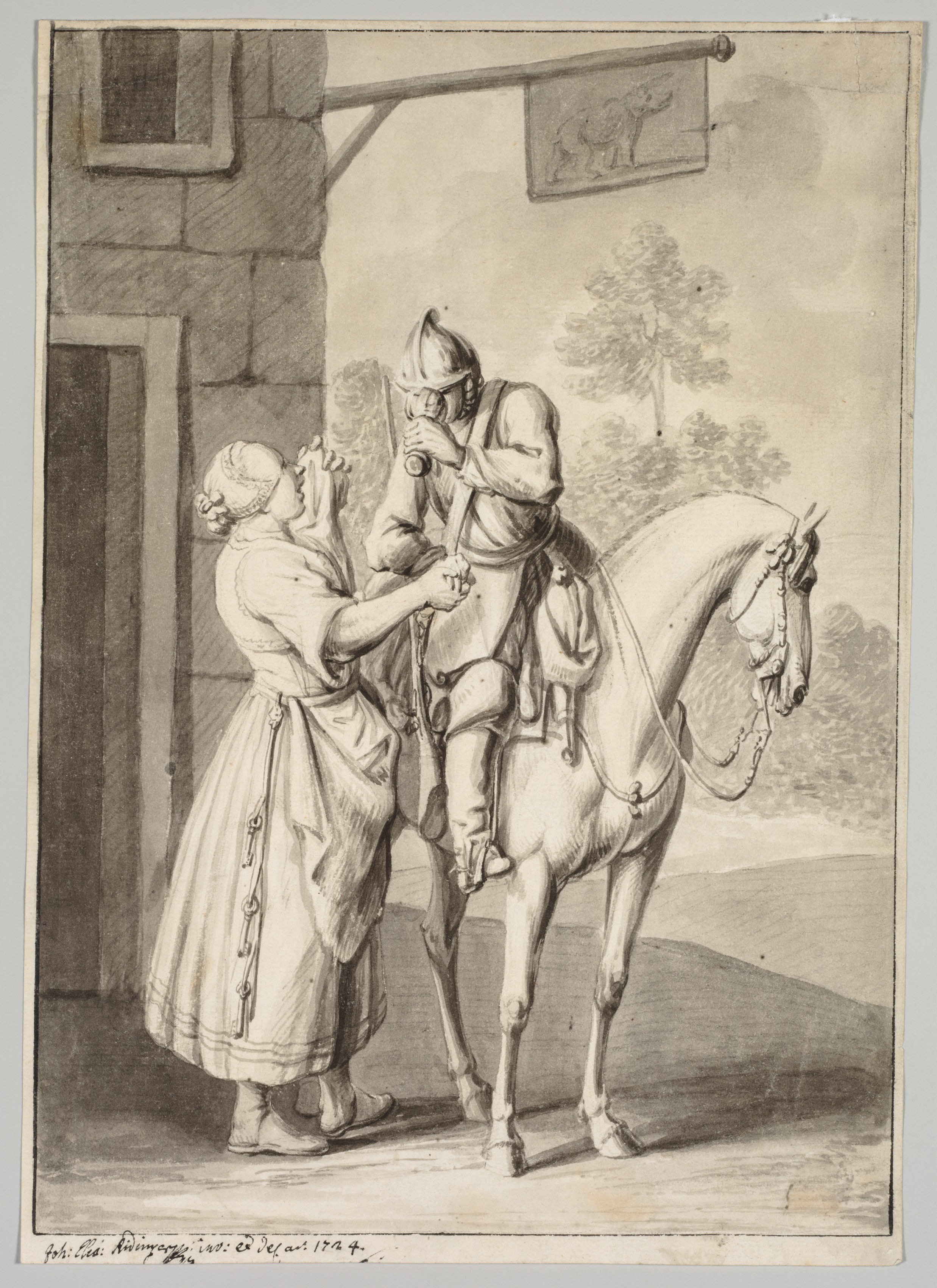 Johann Elias Ridinger, A Soldier in Armor in Front of a Tavern