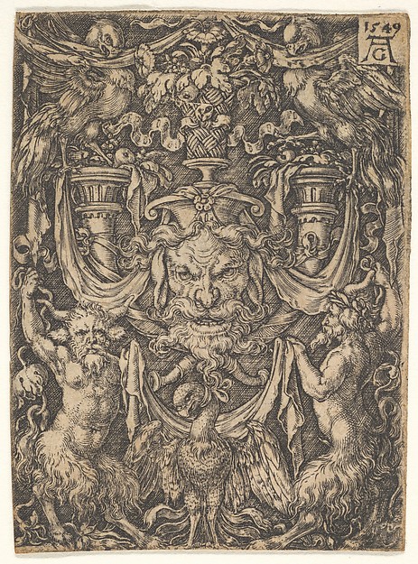 Heinrich Aldegrever, Ornamental Design with a Mask and an Eagle between Two Fauns below