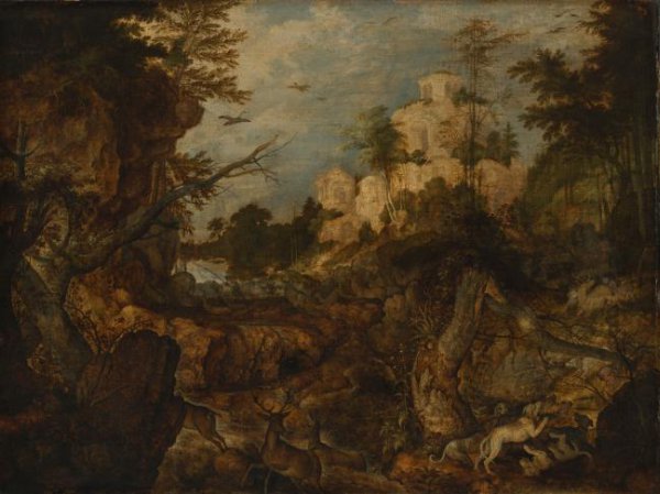 Roelant Savery, Wild boar hunt in a rocky landscape