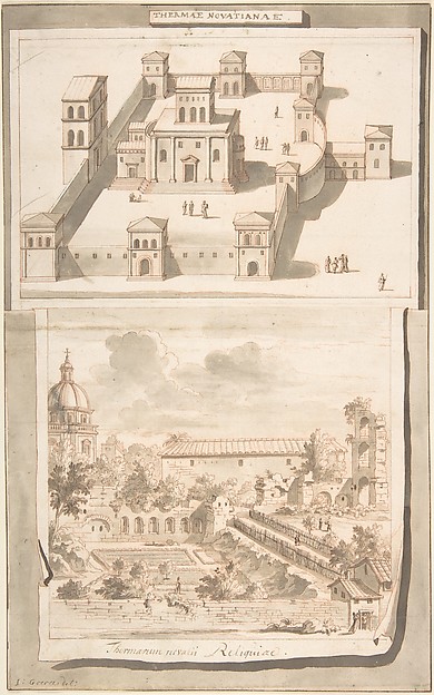 Jan Goeree, A Reconstruction of the Thermae of Novitian (above) and a View of the Ruins (below)