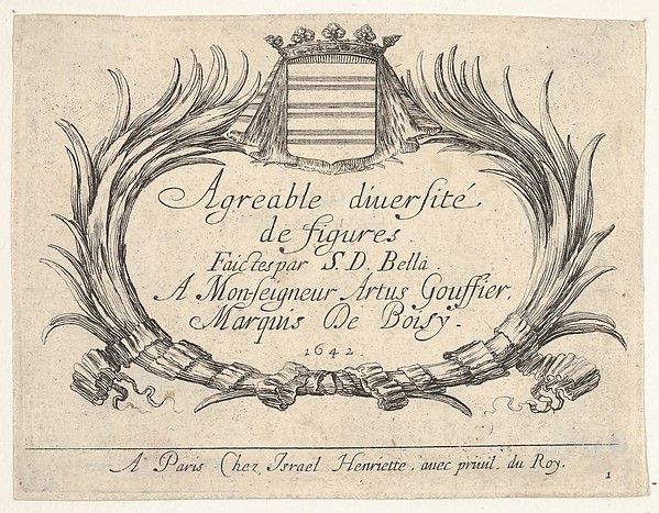 Stefano della Bella, Plate 1: Two palms and a coat of arms frame the title and dedication, title page for "Various Figures" (Agréable diversité de figures)