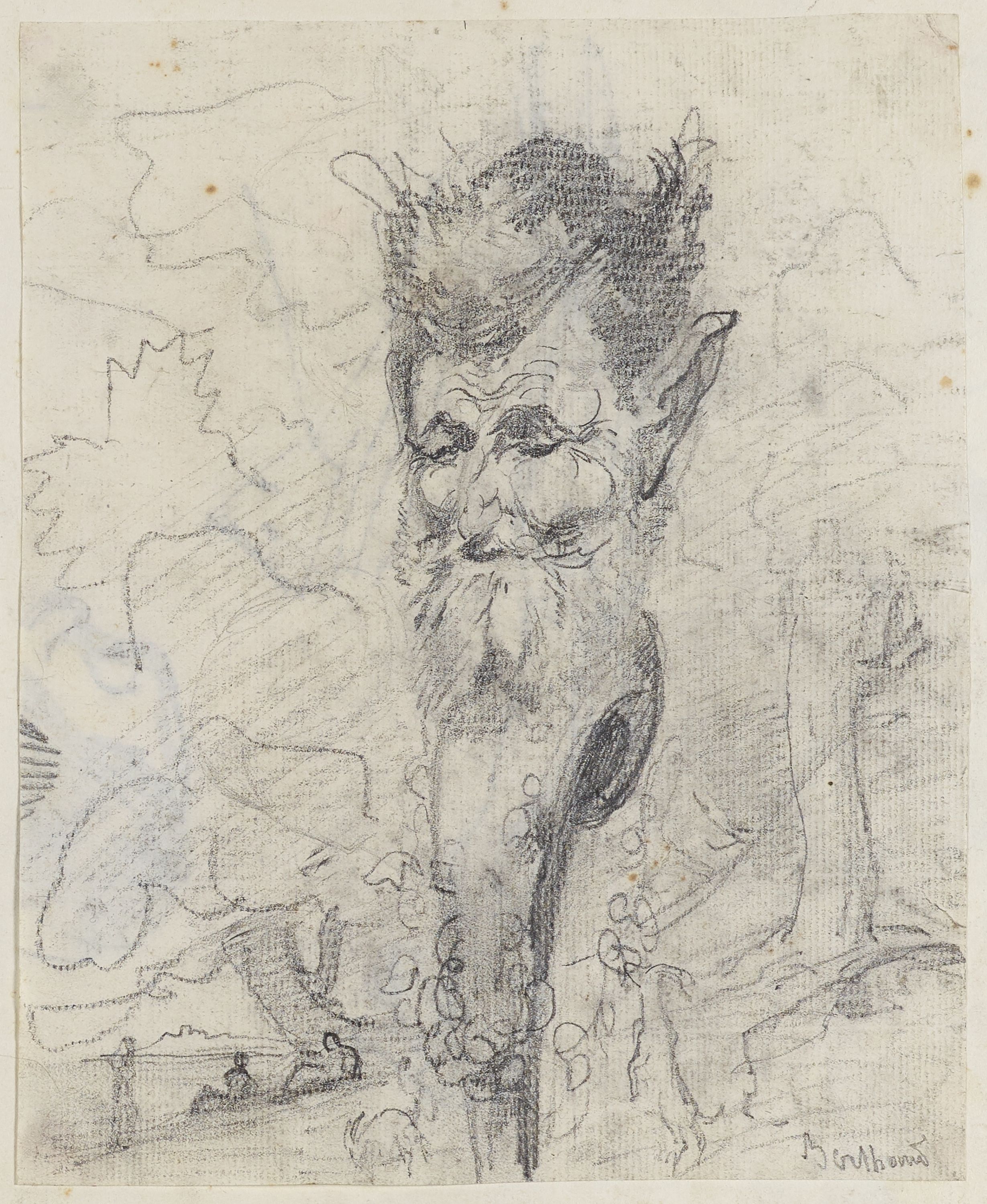 Anonyme, Portrait-charge d'un homme barbu avec un parc à l'arrière-plan (Berthoud)