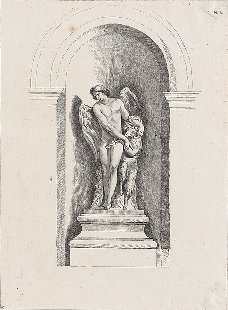 Anonymous, French, 18th century, Standing male angel looking down to left and holding a ram; allegory of Summer; after a bas-relief on the Fontaine des Quatre-Saisons (Paris)