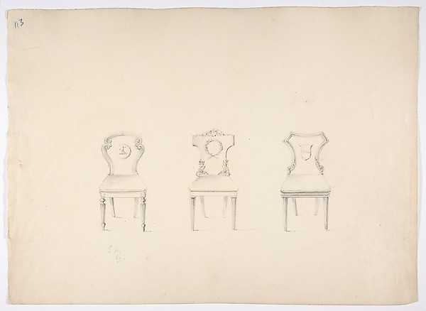 Anonymous, British, 19th century, Design for Three Chairs with Arms or Devices on Backs