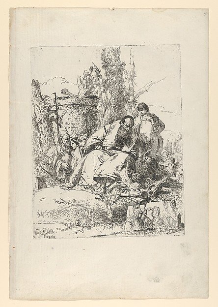 Giovanni Battista Tiepolo, Seated magician, boy and four figures from the Scherzi di Fantasia