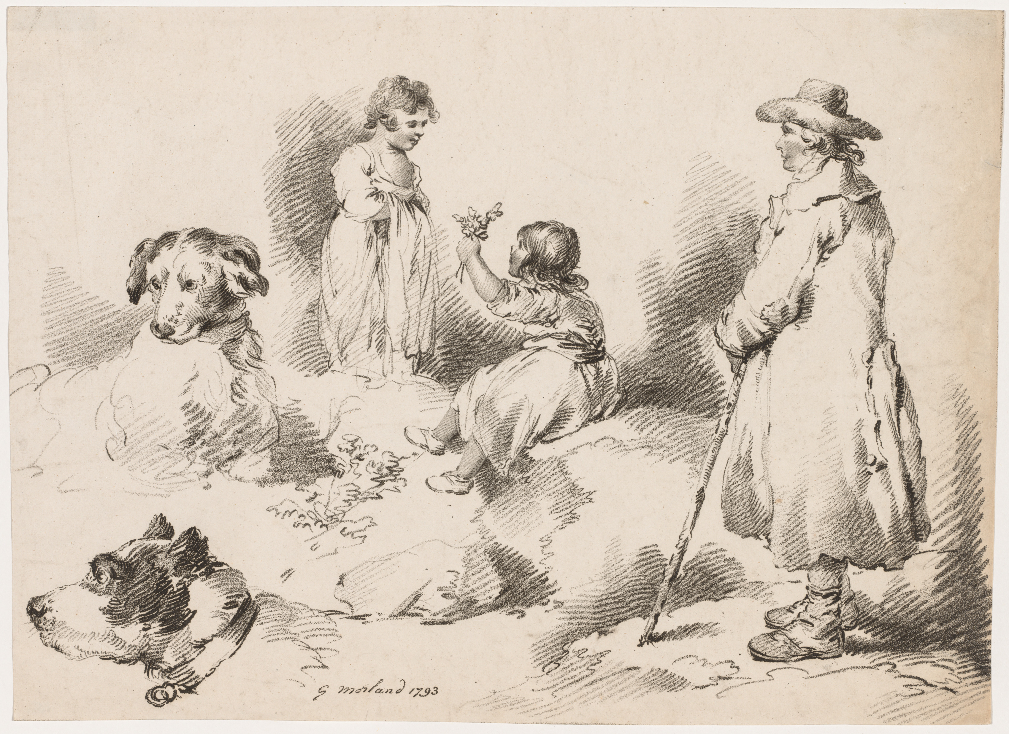 George Morland, Studies of Children (Two Little Girls); Two Dogs; A Man