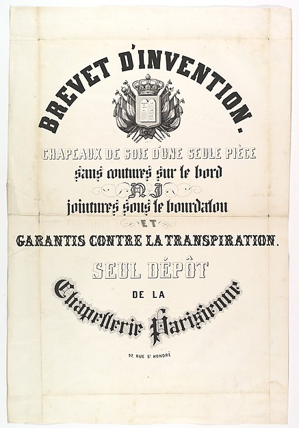Anonymous, French, 19th century, Brevet d'Invention, Chapeaux de soie d'une seule pièce...