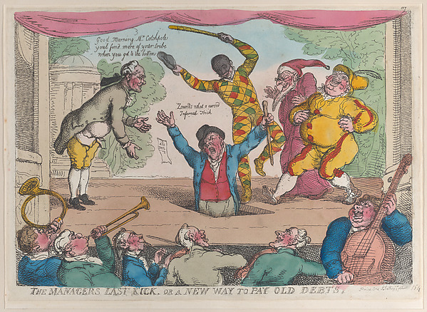 Thomas Rowlandson, The Manager's Last Kick, or a New Way to Pay Old Debts