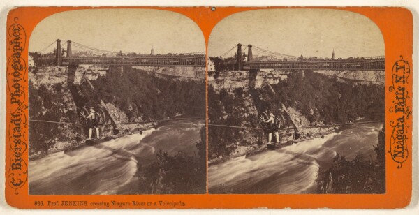 Charles Bierstadt, Prof. Jenkins crossing Niagara River on a Velocipede.