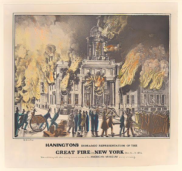 H. Sewell, Hanington's Dioramic Representation of the Great Fire in New York, Dec. 16 and 17, 1835. Now Exhibiting with Other Moving Dioramic Scenes, at the American Museum Every Evening...