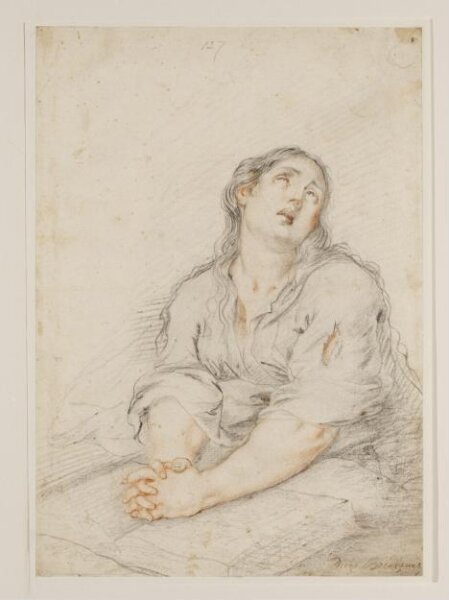 Anthony Van Dyck, Half-length Study of Saint Mary Magdalen with Hands Clasped in Front of Her, Seated Before an Open Book