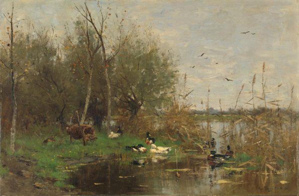 Geo Poggenbeek, Ducks beside a duck shelter on a ditch