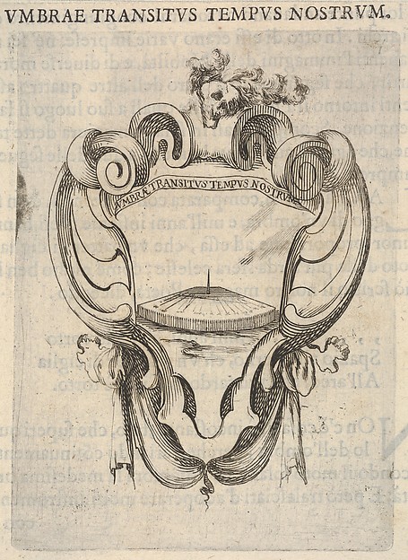 Stefano della Bella, A cartouche with a sundial, a skull with feathers on its head at top, from "Eight Emblems for the Funeral of Francesco de Medici" (Huit emblèmes pour les funérailles du prince François de Médicis)