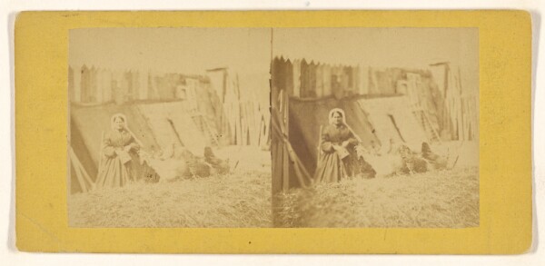 Unknown, [Woman seated in barnyard, chickens nearby]