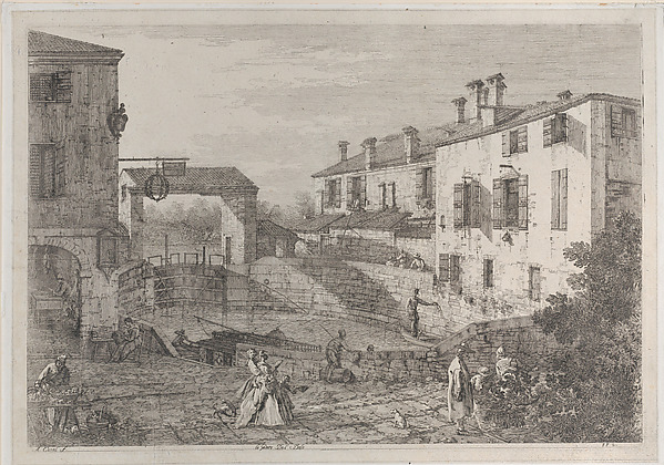 Canaletto (Giovanni Antonio Canal), Le porte del Dolo: the oval basin of the locks at Dolo, with a barge moored to the quay