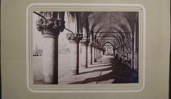 Unknown, Ducal Palace, ground-level colonnade of the south (Molo) front, with San Giorgio Maggiore in the distance, Venice, Italy